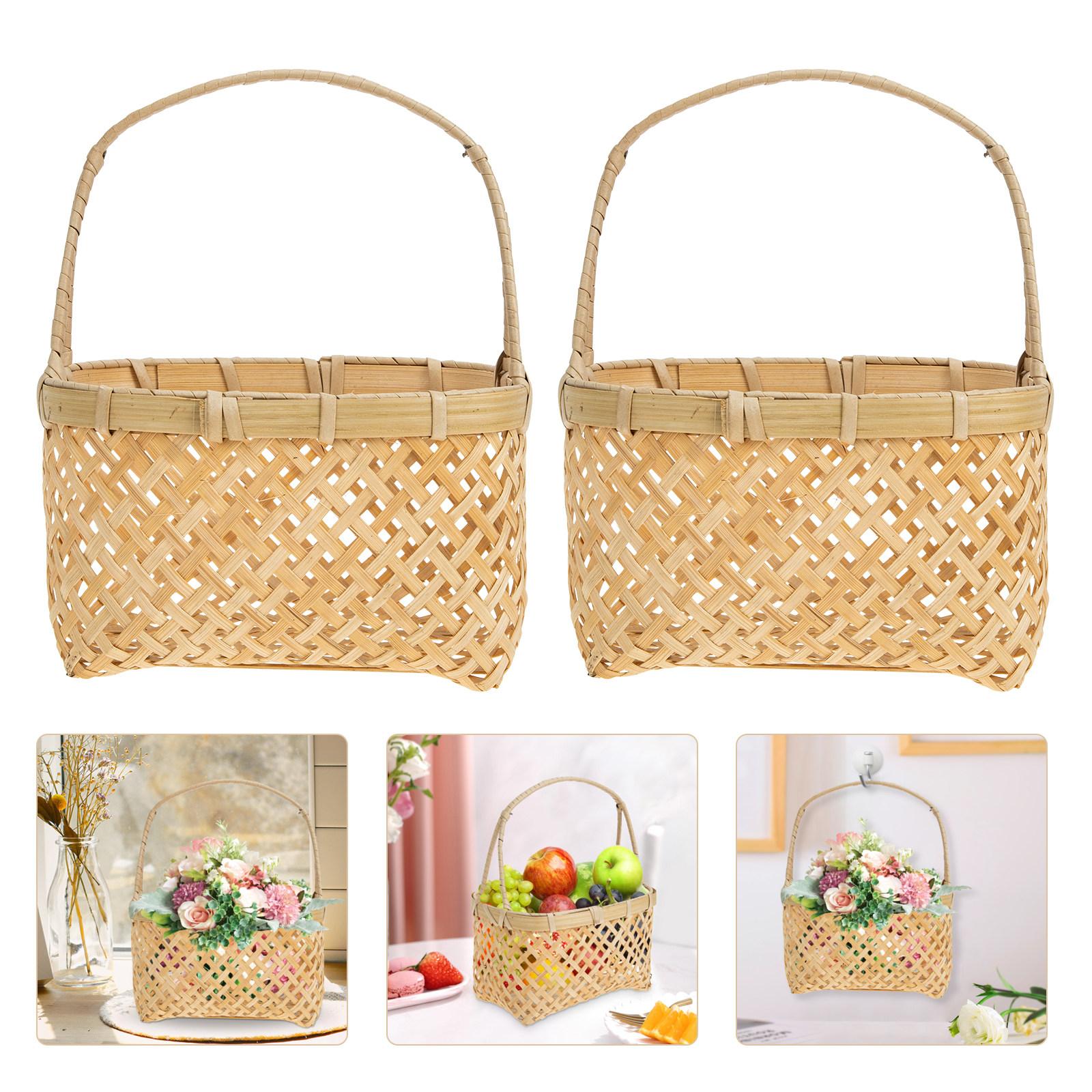 2Pcs Bamboo Fruits Storage Basket Lightweight Handheld Style Woven Basket Small Multipurpose Fruit Vegetable Snack 18x13.5cm