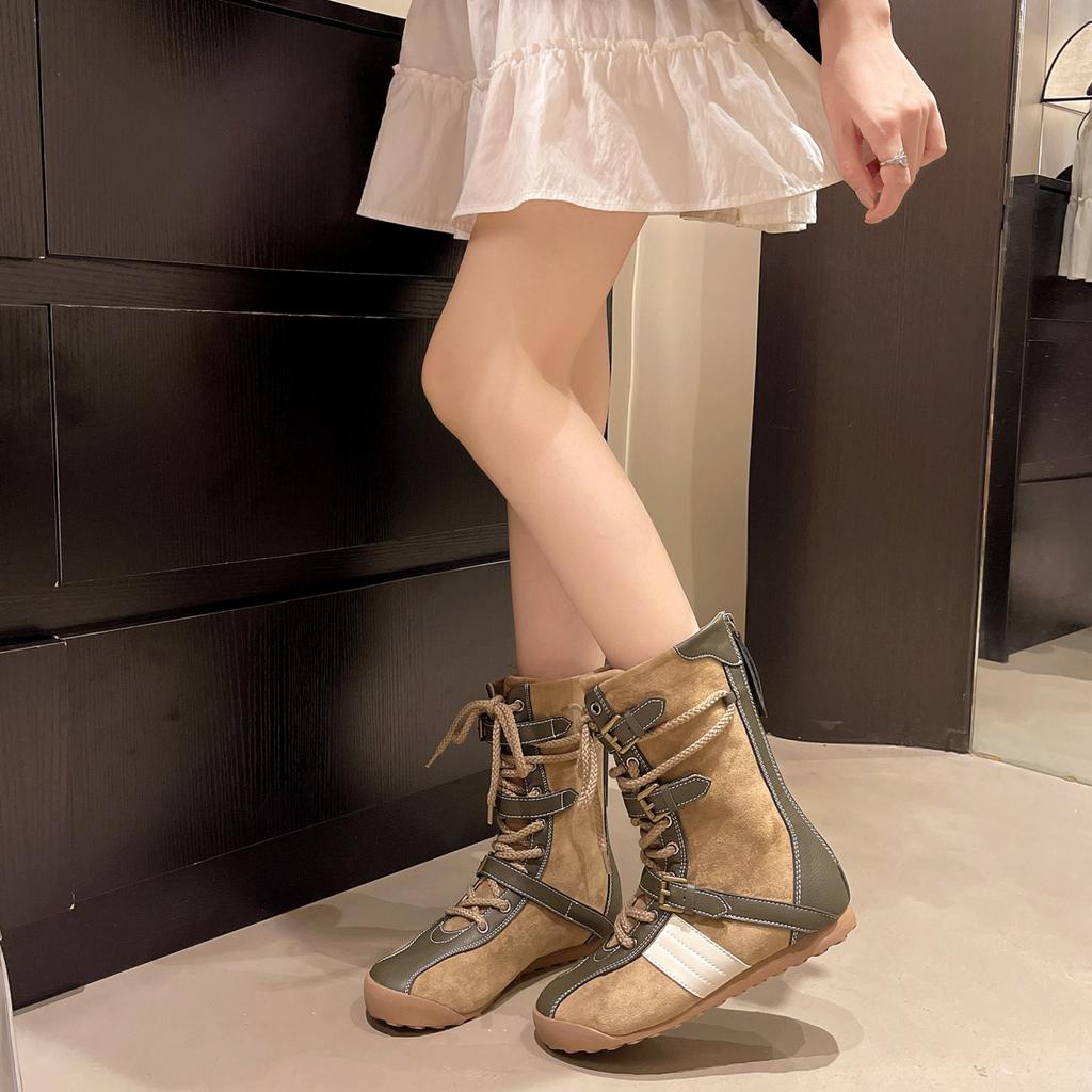 Flat-bottomed lace-up boxing boots short boots women's 2025 new autumn fashion versatile boots temperament high-end knight boots