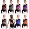 Girls Lyrical Dancewear Color Block Sheer Mesh Ruched Overlay Glittery Rhinestones Costume