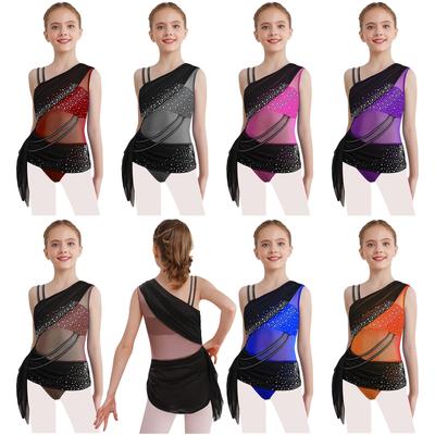 Vestido de Performance Infantil Color Block Transparência em Mesh Franzido Assimétrico com Strass Brilhantes