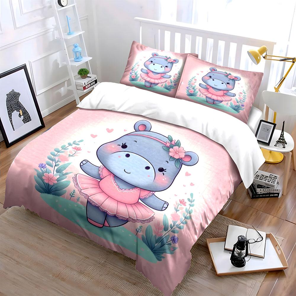 Cute Hippo In Pink Dress Strolling Duvet Cover Set With 3D Printing Design Soft Polyester Bedding Set All-Season Comfort