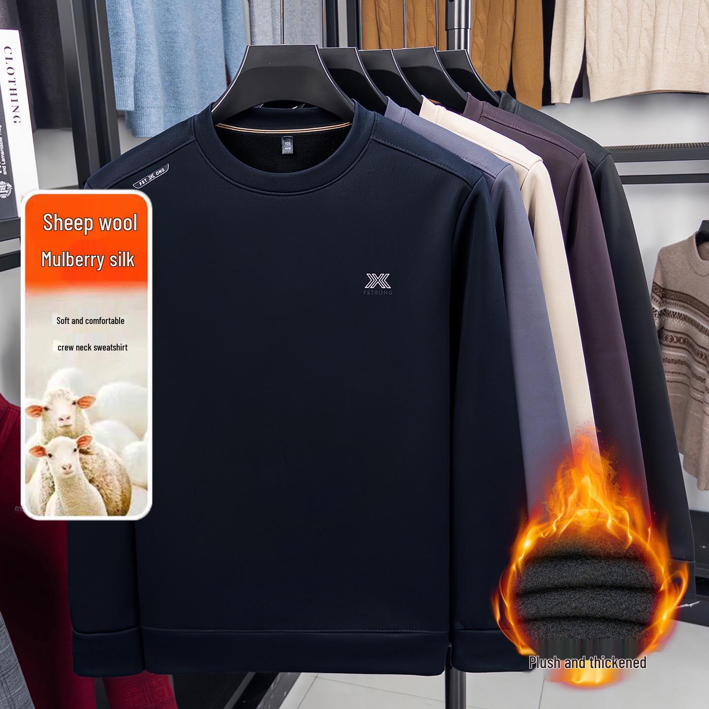 

Men s Fleece-Lined Casual Crew Neck Top with Mulberry Silk & Wool XL темно-синього кольору