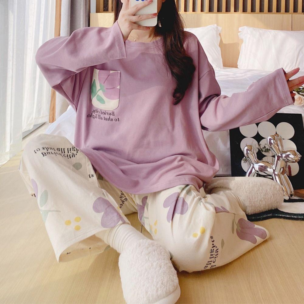 Long-Sleeved Maternity Pajamas Large Size Pajama Suit Sweet Homewear Suit Maternity Use