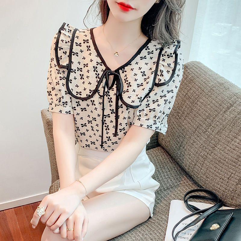 WTEMPO Brand Small Floral Shirts with Matching Doll Collar Summer Ladies' Tops Fashionable and Versatile Lapel Short-sleeved Shirts