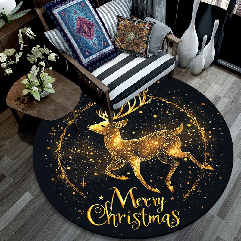 Golden Deer Round Area Rug,Carpet Rug for Living Room Bedroom Sofa Playroom Decor,Non-slip Floor Mat