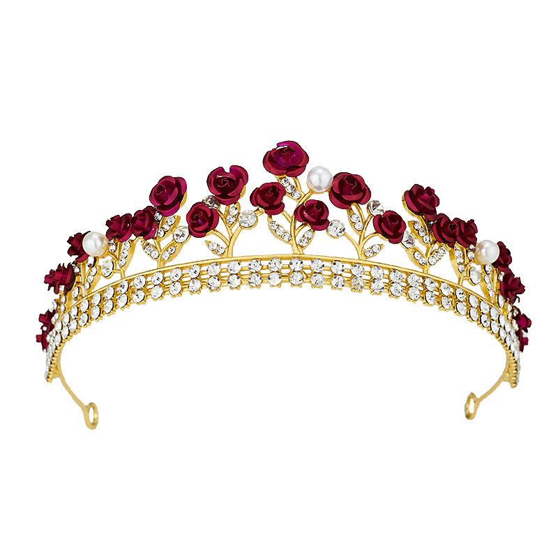 European and American Bride Crown Engagement Baroque Women's Crown Red Rose Bride Headband Wedding Dress and Evening Gown Accessories