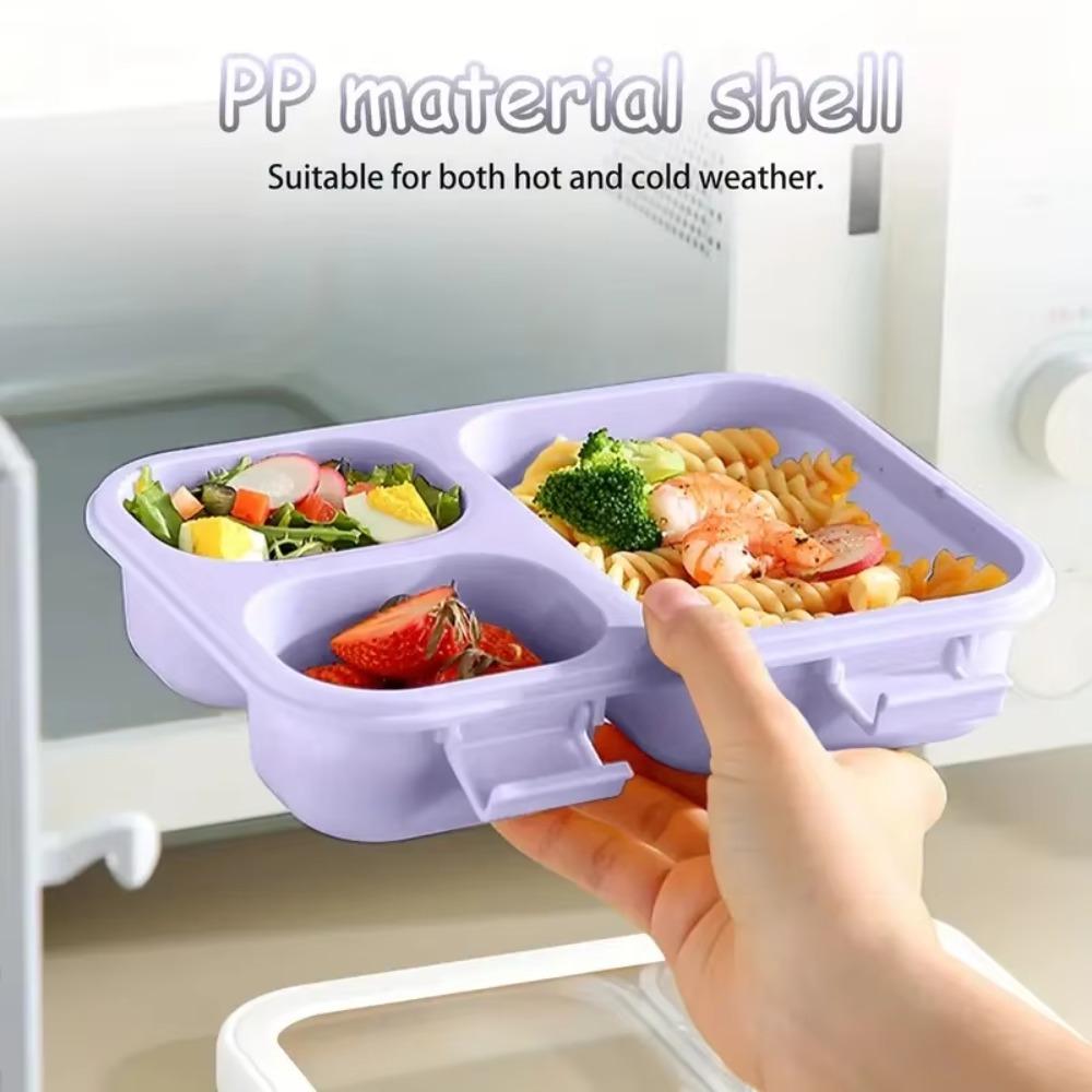 With Tableware Macaron Color Lunchbox with Tableware Compartment Camping Food Container Leakproof Plastic 3 Grid Lunchbox Picnic