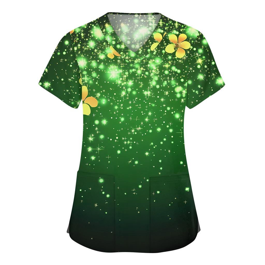 Women's Fashion V-neck Short Sleeve Workwear With Pockets Printed Tops