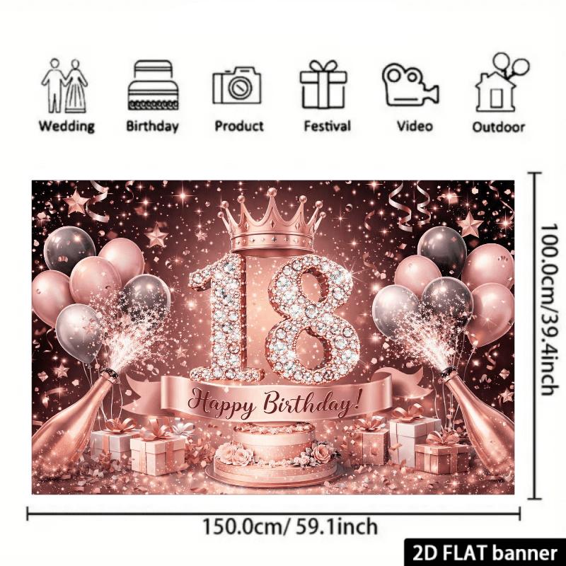 2D Flat Banner - Glittering 18th Birthday Ceremony Background Fabric with a Diamond-encrusted Number 18 In the Center.
