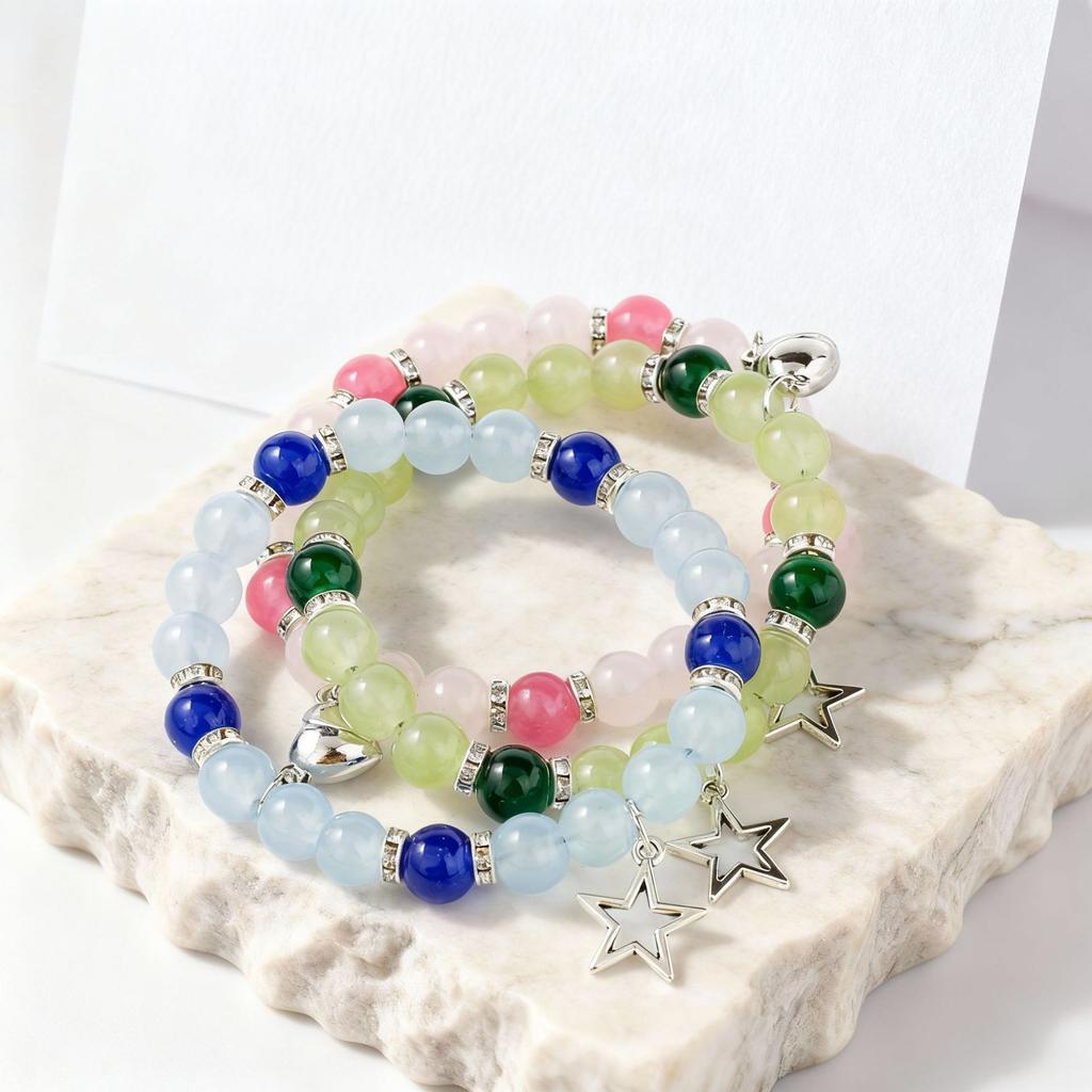 Festive Gifts Colorful Natural Stone Beaded Bracelet Set With Star Charms Sweet Fashion Jewelry For Women Daily Wear Gift