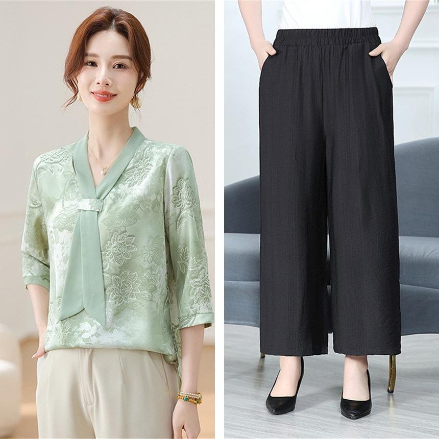 Fashion Printed Spring and Autumn Shawl Collar Women's Fashion Floral Checked Mid Sleeved Loose Chiffon Tops