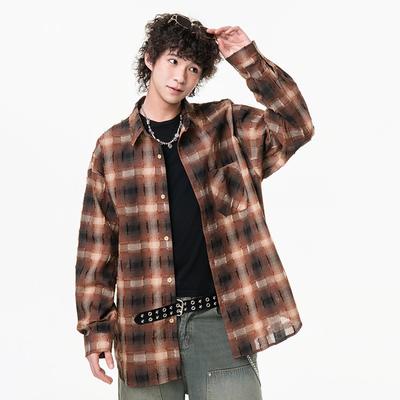Neues japanisches mittellanges Hemd für den Frühling, modisches lässiges Herren-Plaidhemd