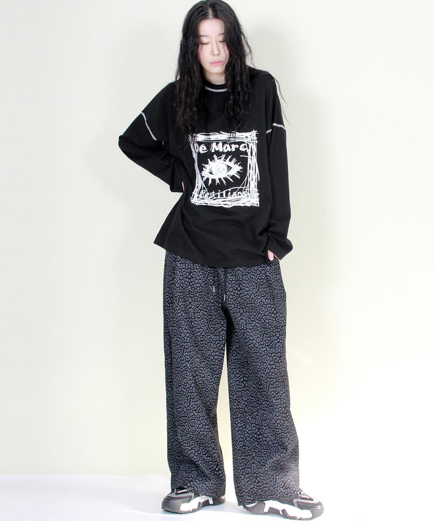 Deumakeu Side Single-Pleat Leopard Real Wide Pants Black