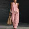 Completo in Cotone e Lino da Donna a 2 Pezzi con Top Canotta Senza Maniche con Scollo all'Americana e Pantaloni a Gamba Larga Set da Relax Abbigliamento Casual per le Vacanze