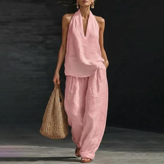 Completo in Cotone e Lino da Donna a 2 Pezzi con Top Canotta Senza Maniche con Scollo all'Americana e Pantaloni a Gamba Larga Set da Relax Abbigliamento Casual per le Vacanze