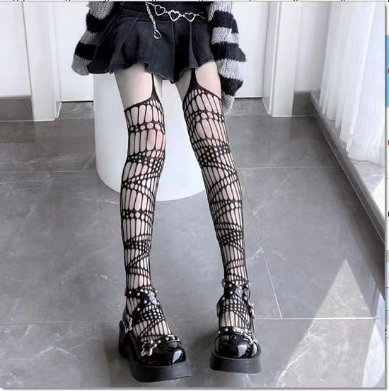 Mu Ruan Sieťované pančuchy s lebkou: Tmavé, Sexy, Všestranné Čierne Hodvábne Pančuchové Nohavice s Otvormi na Diskotéku alebo Študentský Štýl