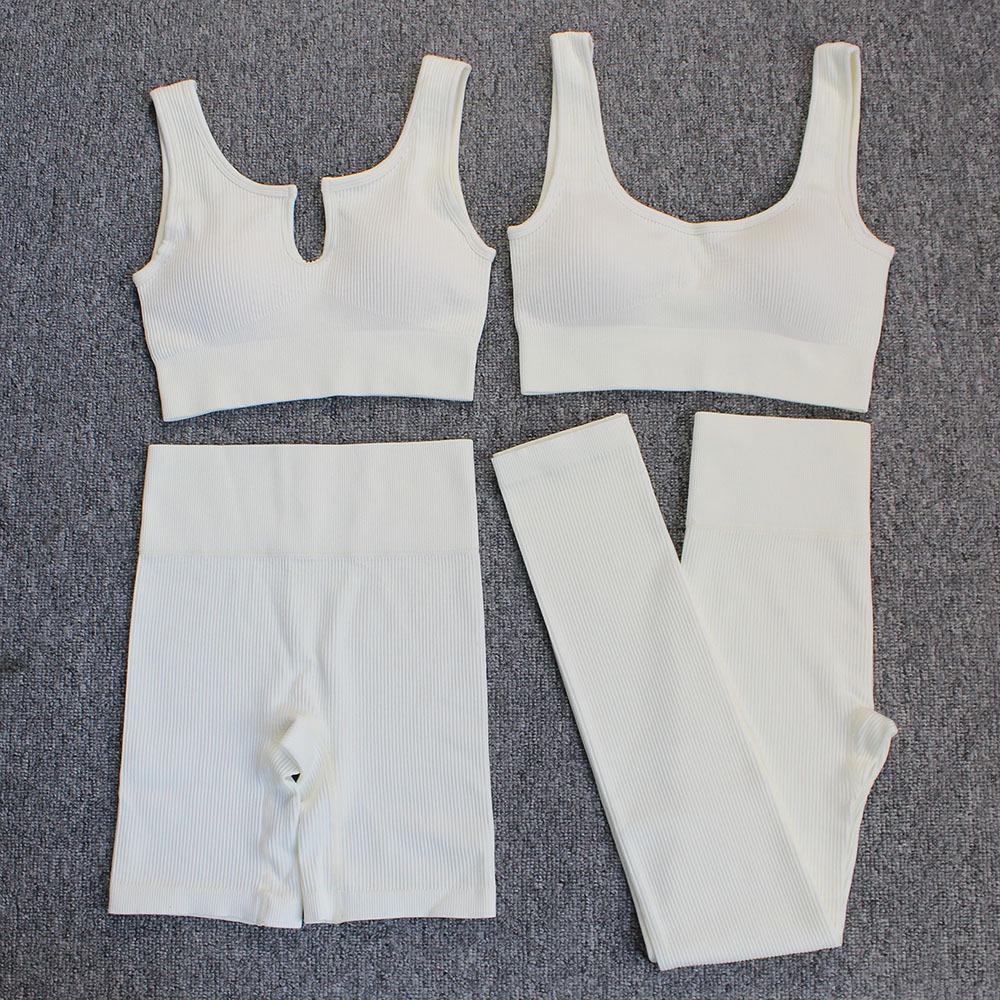 Women's Ribbed Seamless Yoga Set: Striped Sports Bra, Tank Top, Long Pants, and Shorts