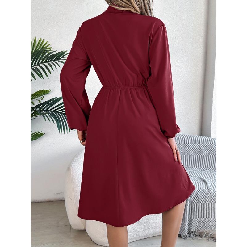 Casual Lace Up Waist Long Sleeve Solid A Line Shirt Dress For Women