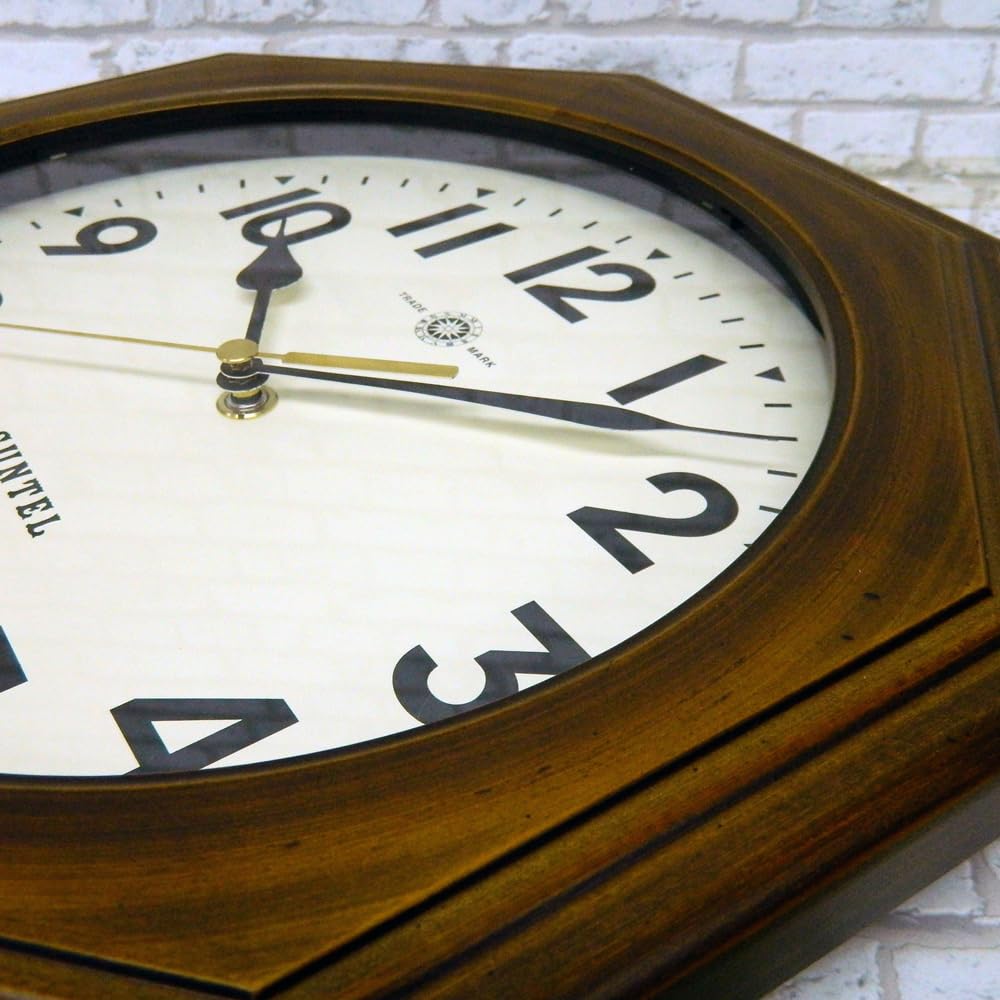 Santell Hergestellt in Japan Natürliches Holz Retro Achteckige Funk-Wanduhr (Arabische Buchstaben) Antik Braun DQL712-A