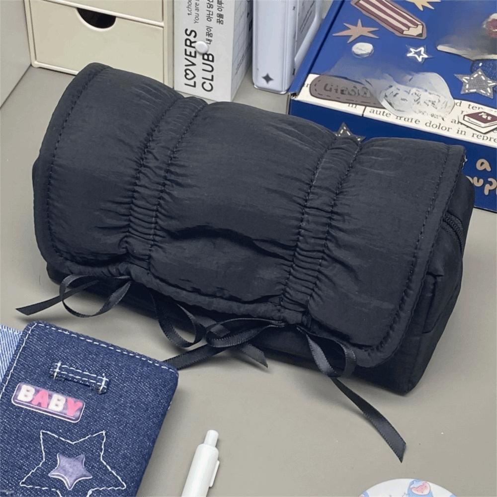 INS Bow Drawstring Pen Bag Large Capacity Stationery Storage Bag Solid Color Pencil Case  Gift