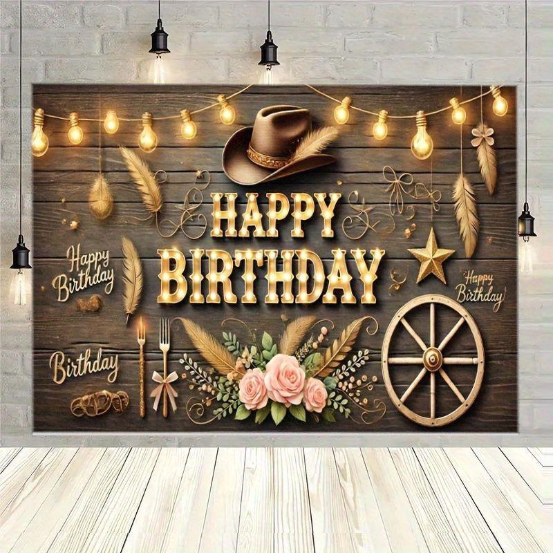 1pc Rustic Western Style Birthday Banner with Vintage Cowboy Hat Fairy Lights Wooden Wagon Wheels Bouquet with Pink Roses - B