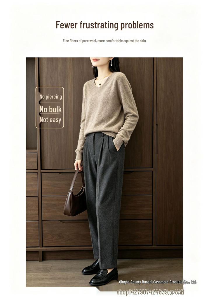 2026 Autumn/Winter 100% Wool Women's V-Neck Knit Sweater, Multi-Color Basic Top