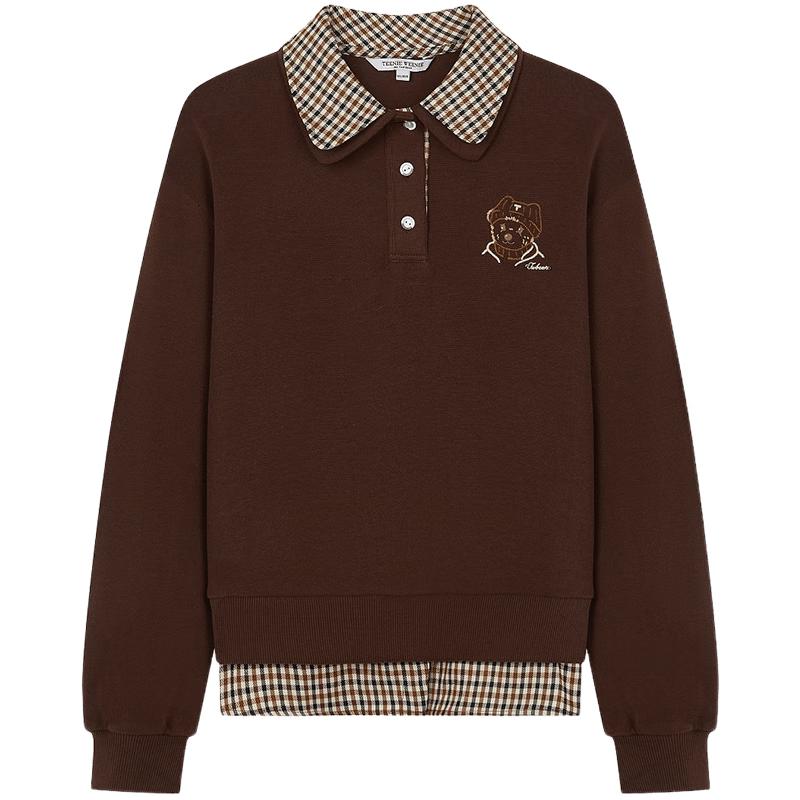 Teenie Weenie Women s Faux Two-Piece Plaid POLO Sweatshirt M