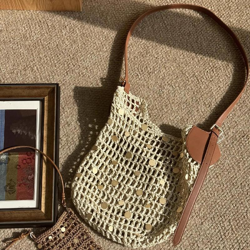 

NEW Summer Women s Rattan Crochet Beach Tote Handbag Vintage Straw Woven Shoulder Bag for Casual Commute бежевий