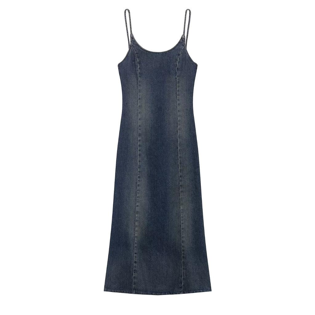 Women's Autumn New European and American Wind-washed Denim Midi Suspender Dress
