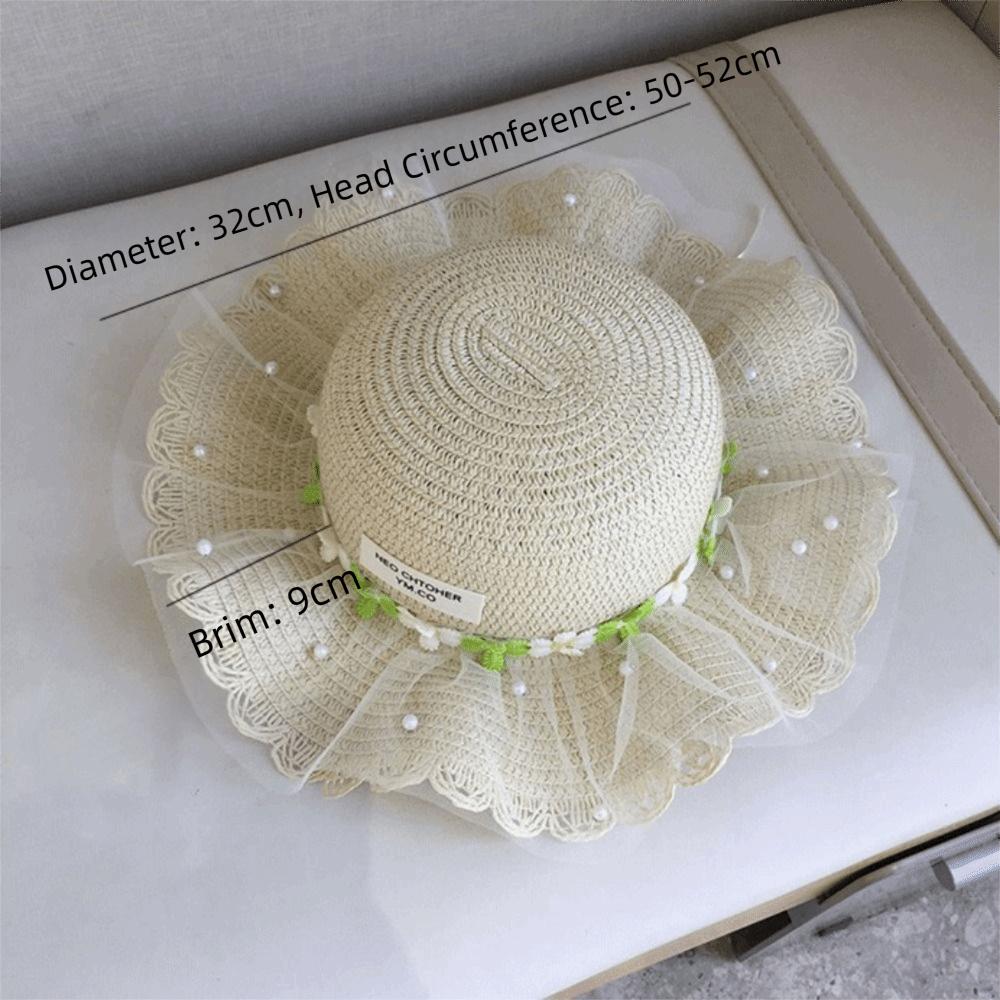 Wide Brim Children Sun Hat Pearl Decoration Breathable Material Sun Hat Straw Material Lace Trim Shoulder Bag Girls Accessories