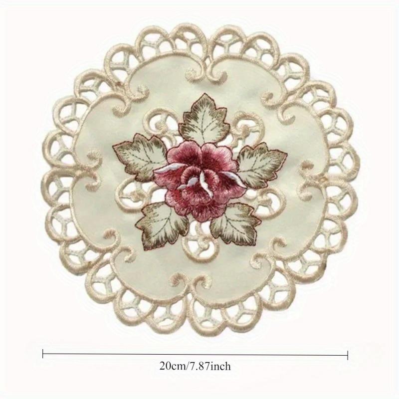 1 st Rund Broderad Blomma Matskedunderlägg Underlägg Hemfest Bröllop Överdrag Broderad duk i lantlig stil