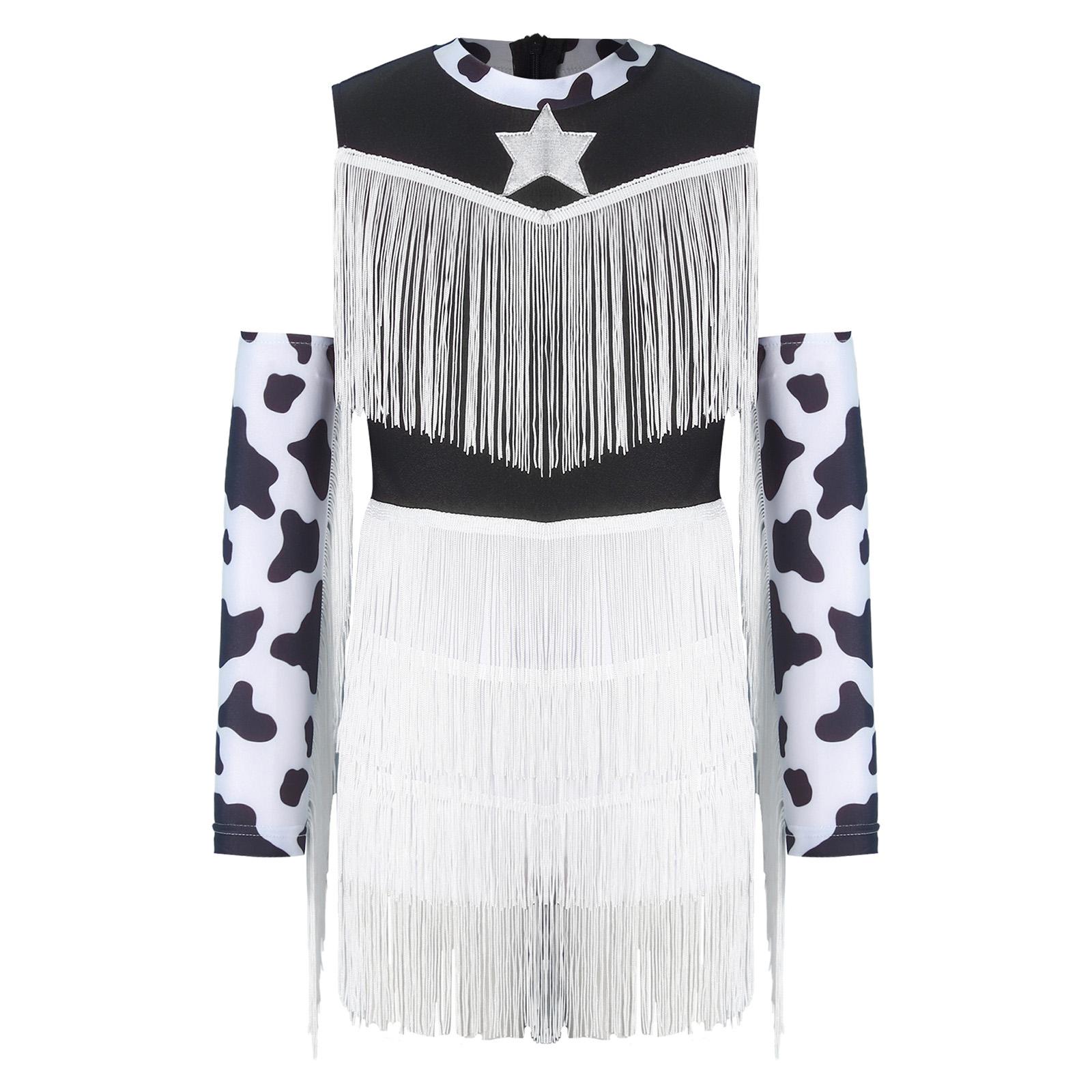 Girls Fringed Western Cowgirl Cosplay Costume Dance Outfit Printed Sleeveless Layered Tassel Jumpsuit with Fringed Gloves 6