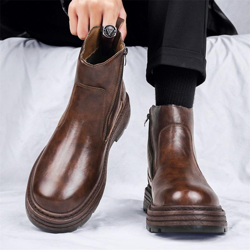 Herren Echtleder Retro Schlichte High-Top Dicksohlige Freizeitschuhe Stiefeletten