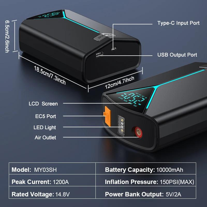 BUVAYE 4 In 1 Car Air Compressor Jump Starter Portable Battery Booster Jumper Pack Inflatable Pump For Motorcycle Bicycle Ball