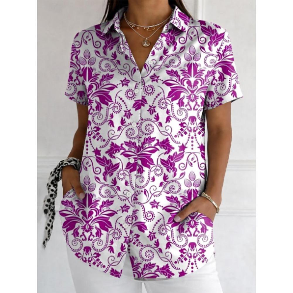Women's Shirt Short Sleeve Shirt Button Down Blouse Floral Printed Daily Casual Collar Regular Tops Daily Summer Spring