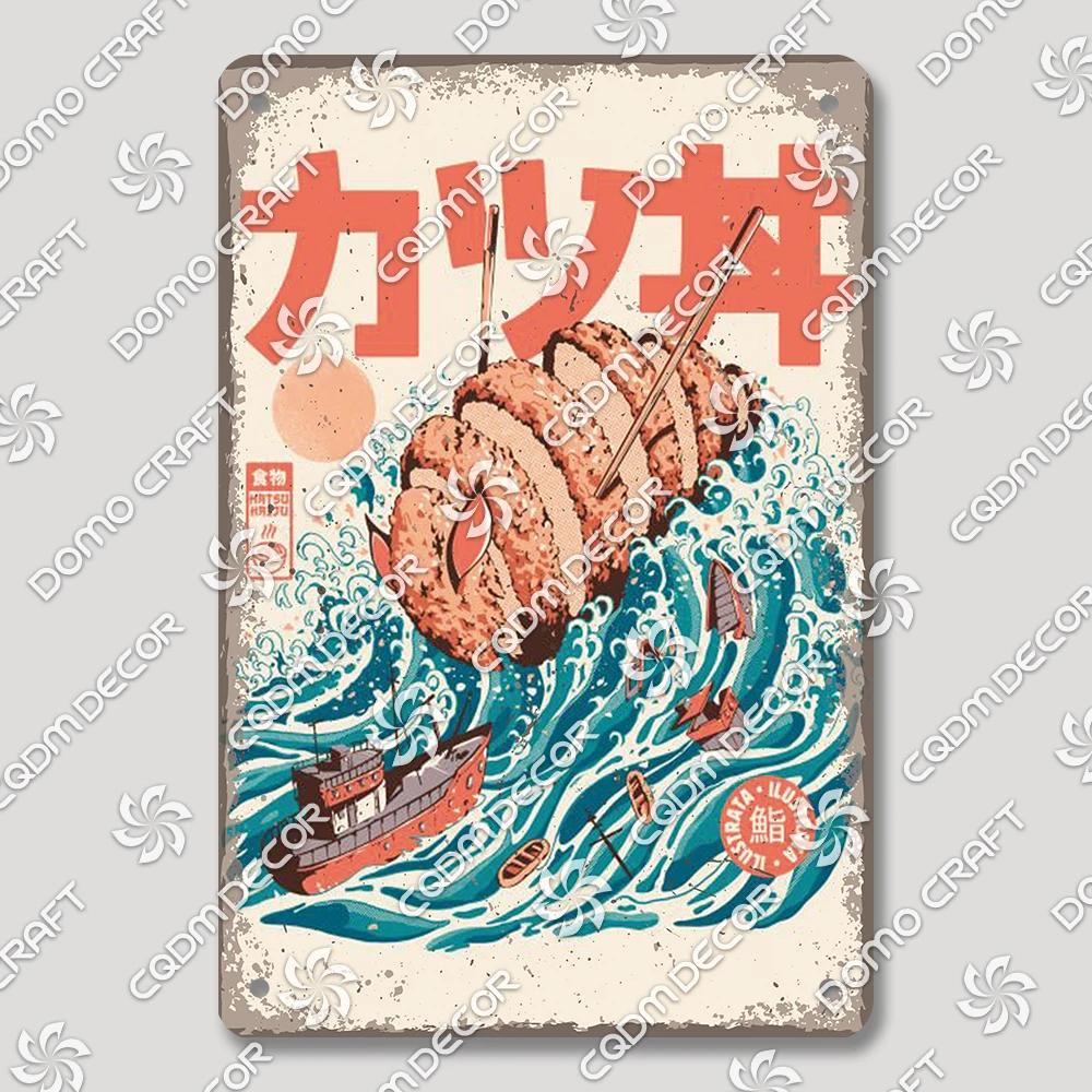 Vintage Japanese Cartoon Cat Tin Sign  Retro Ramen Sushi Takoyaki Metal Wall Art for Kitchen Bar Pub Restaurant Decor  Unique Ho