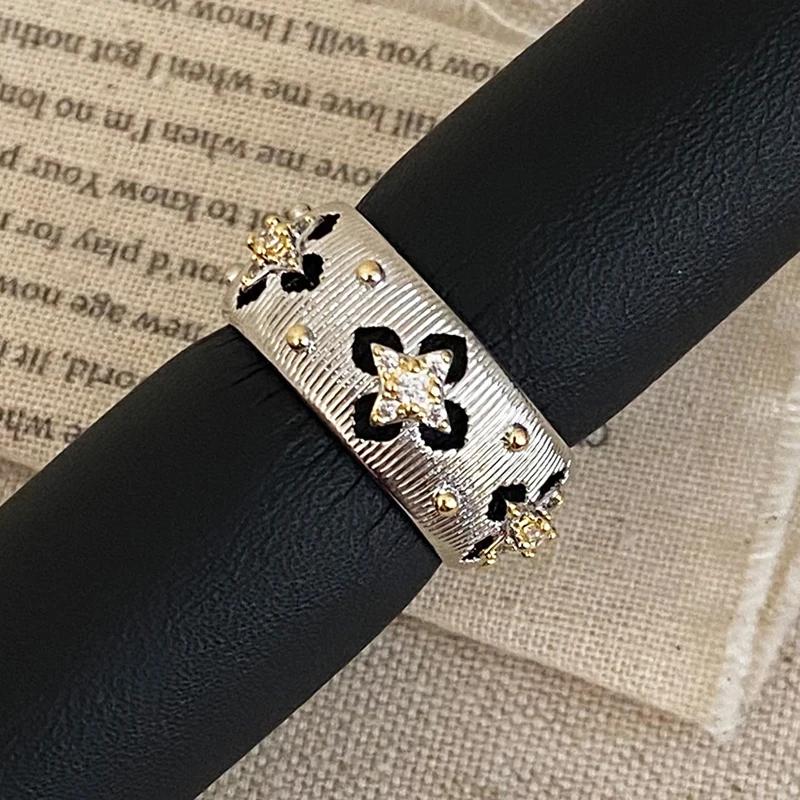 Pravé Sterlingové Stříbro 18K Zlato Zirkon Hvězda Kulatý Otevírací Prsteny pro Ženy Vintage Jemné Lehké Luxusní Doplňky