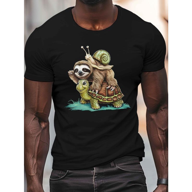 Herren Freizeit-T-Shirt mit Rundhalsausschnitt und einzigartigem Faultier & Schildkröten-Print - Leicht, atmungsaktiv für Sommerkomfort