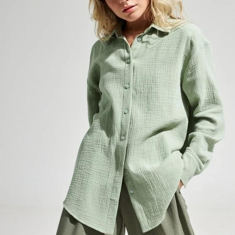 Women's Spring Summer Shirts Office Lady Fashionable Solid Lady Long Sleeve Loose Tops Crepe Shirts