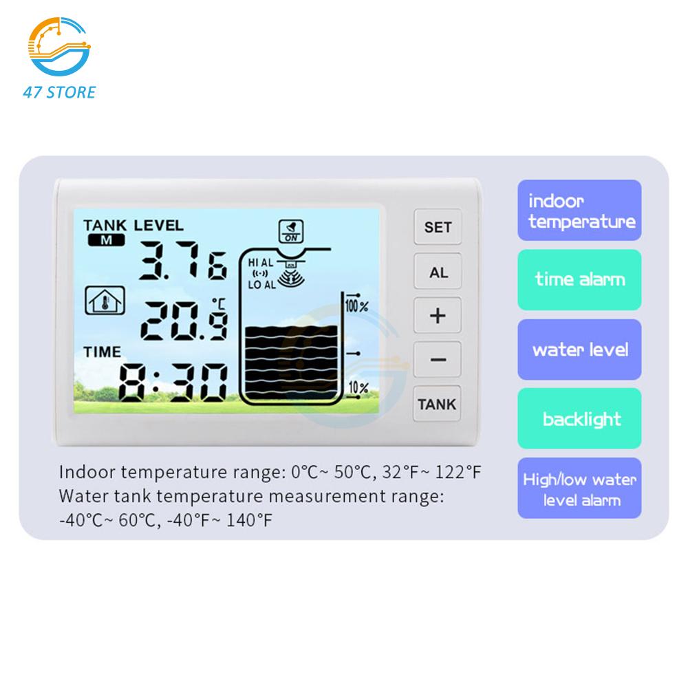 Ultrasonic Wireless Water Tank Liquid Level Meter Temperature Sensor Level Monitor Time Display Low Battery Indicator Alarm