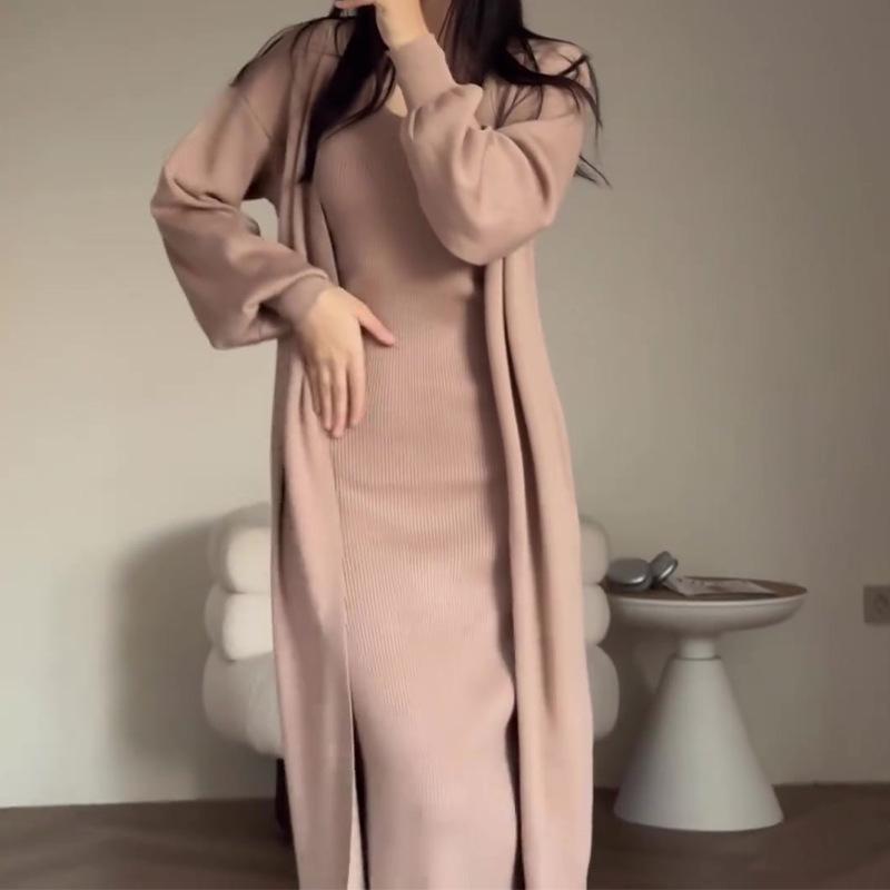 2026 Autumn European & American Solid Color Slim Knit Sweater Over-the-Knee Long Dress Set for Women