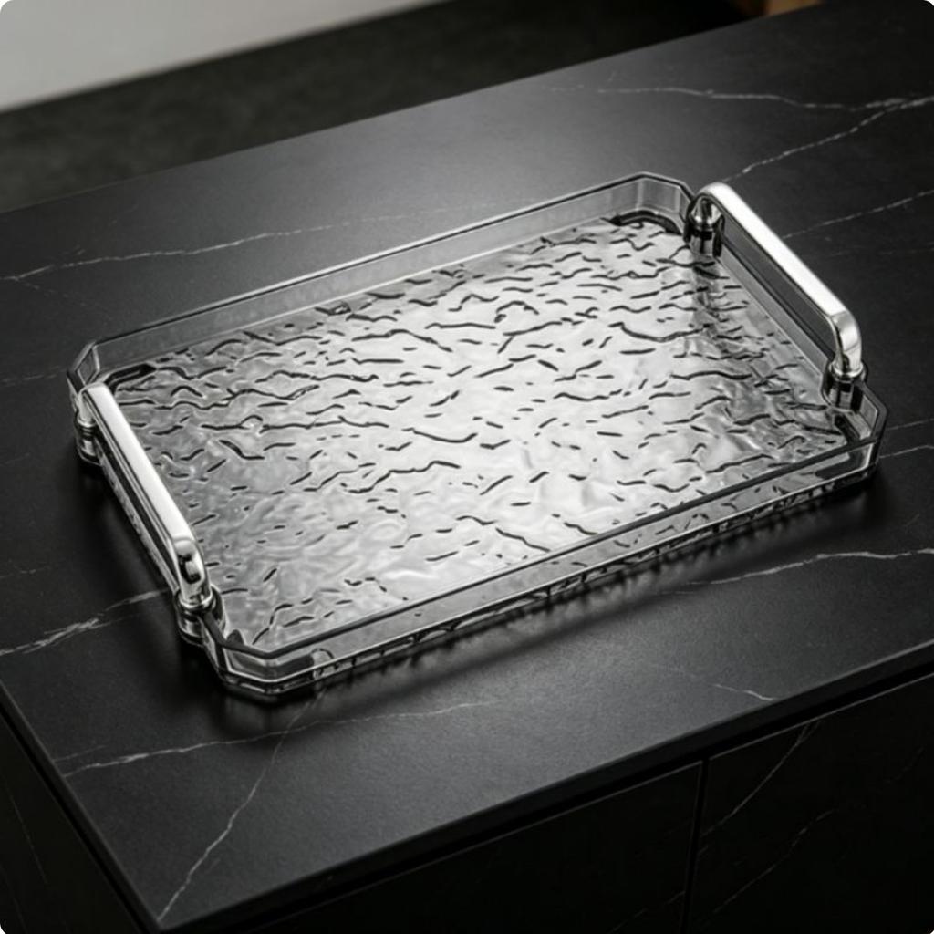 Water Wave Tray with Handles Versatile Rectangular Vanity Tray Clear Decorative Platter Bright Luxury Design for Living Room