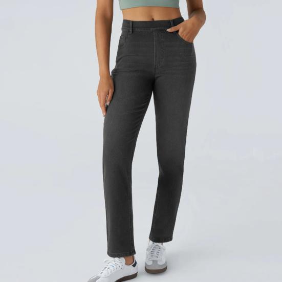 Women's Straight Leg Jeans Pull-On High Waisted Cropped Denim Pants Stretchy Ankle Jeans for Daily Wear Outings