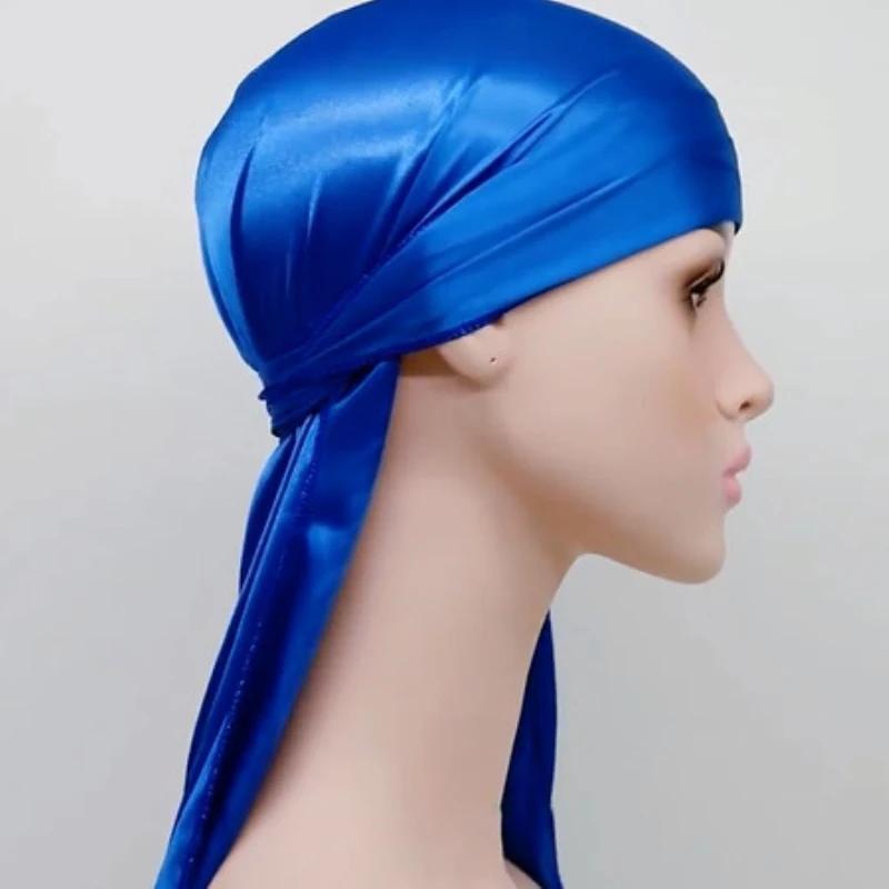 Novas Toucas Durag de Cetim Bandana Unissex Masculino Feminino Lenço de Cabeça Headwear Turbante Chapéu Boné de Ondas Cauda Longa Hijab Faixas Esportivas para Cabeça