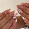 French Flower Press On Nails, 3D Press On Nails with Gold Stripes and Pearl Accents, Almond Shaped Fake Nails for Daily Wear and Special Occasion