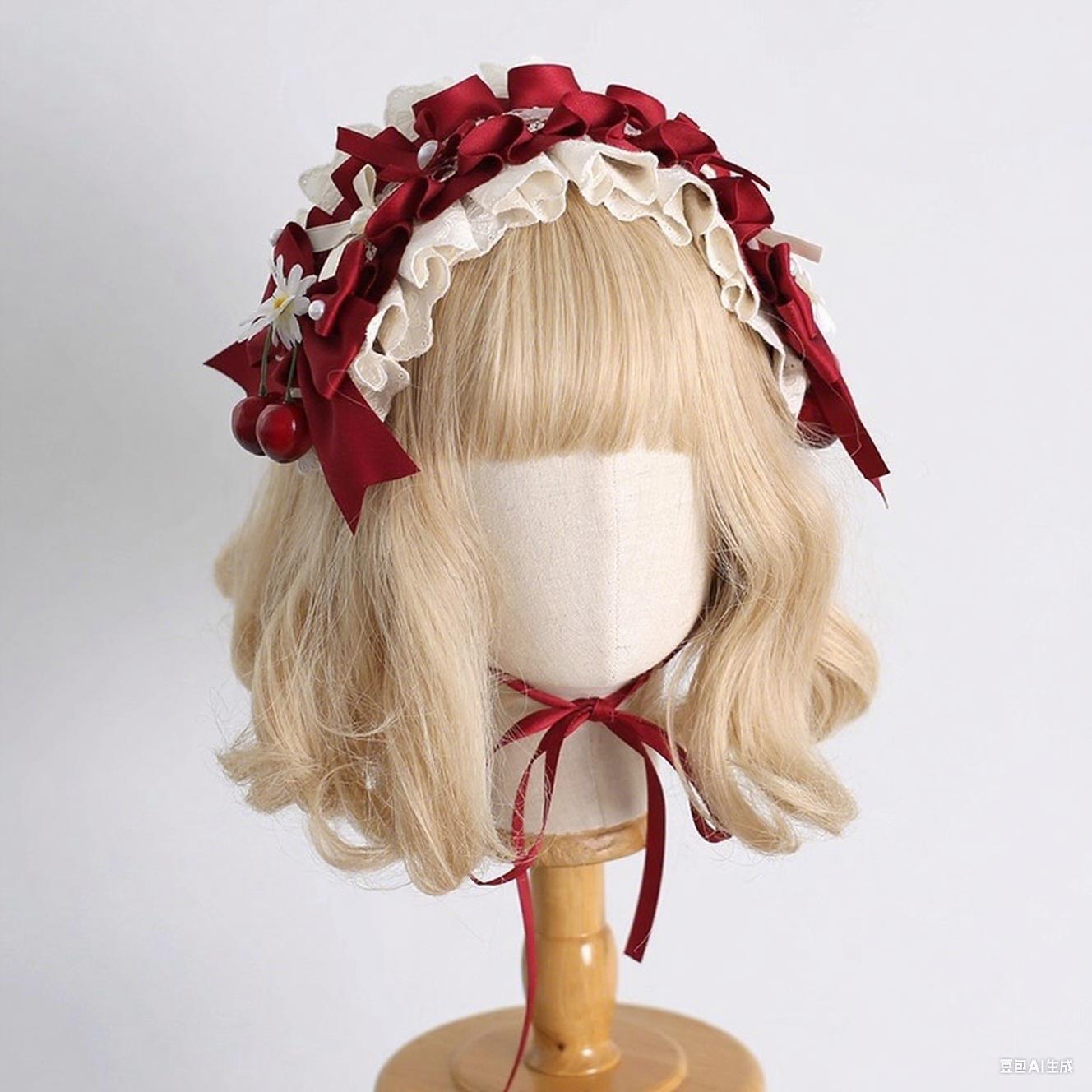 

Lolita Sweet Ruffled Lace Bows Ribbons Straw Hats Girls Cute Cherry Hair Accessories Women Victorian Tea Party Elegant Headbands