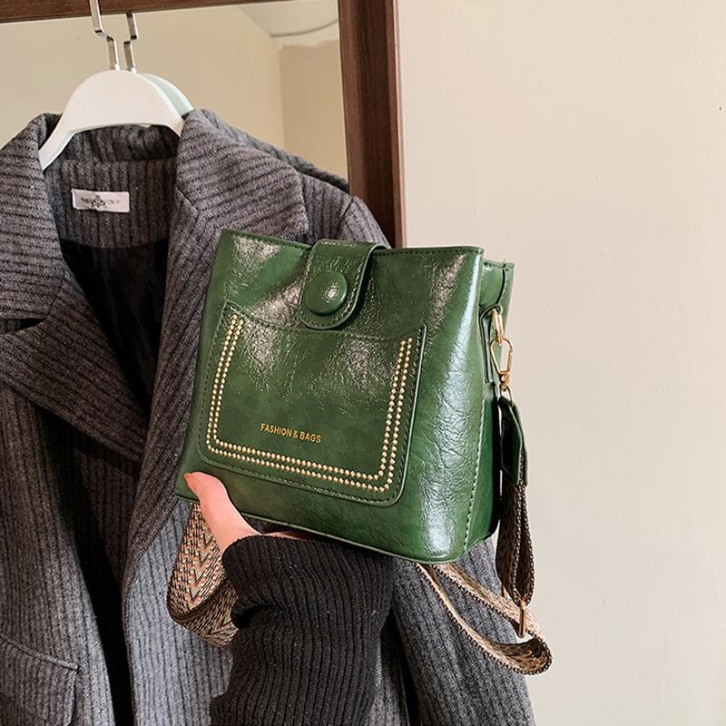 Vintage Schlichte Umhängetasche aus PU-Leder für Damen, Luxus-Designer-Handtasche, Schultertasche mit breitem Riemen