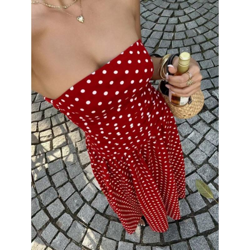2026 Summer Off Shoulder Polka Dot Dress New Sexy Elegant Strapless Waist-cinching Slim Fit A-line Party Evening Dress Sweet Pleat Fashion Clothing
