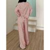 Women's Solid Color Simple Striped Pajama Set, Adjustable Drawstring Pants and Contrasting Round Leader Top Combination