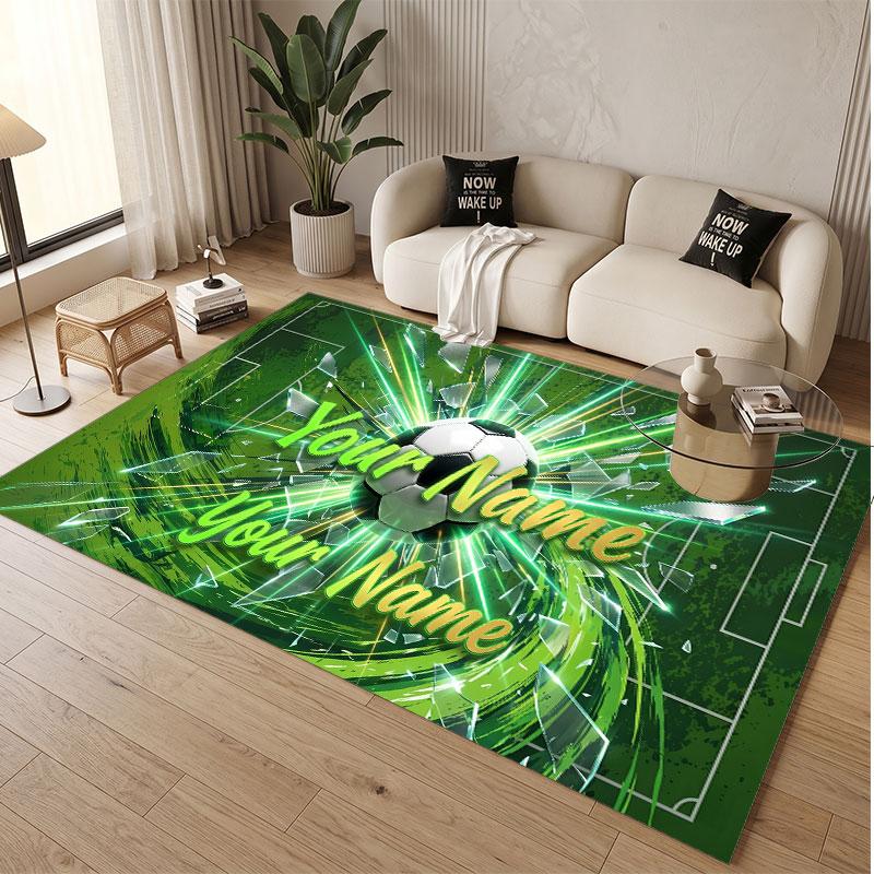 Soccer Theme Soft Crystal Velvet Rug Custom Name & Text Print Non Slip Floor Rug for Bedroom Living Room